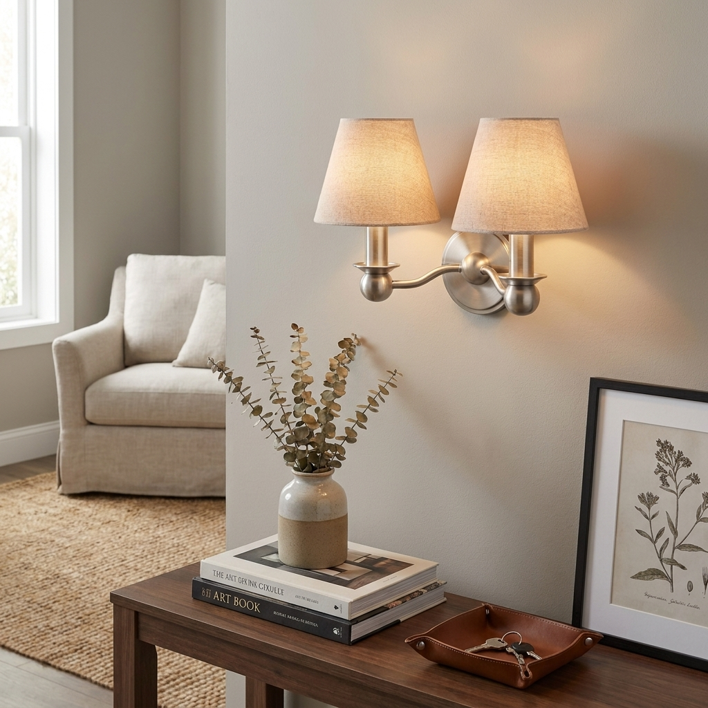 Brushed nickel gives this Clérachic wall sconce a cool finish, lit above a wooden table with a cream armchair.