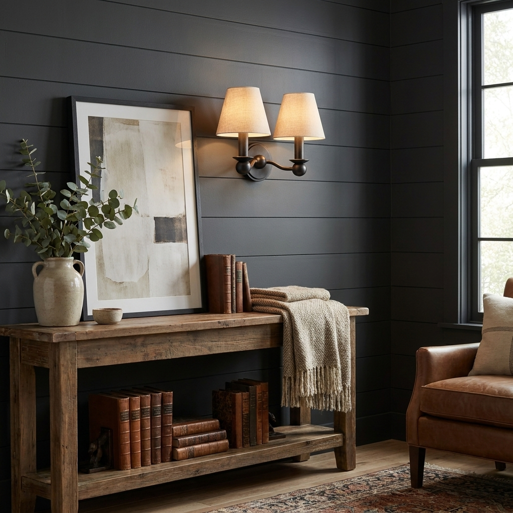 Against dark shiplap panelling, this matte black Clérachic wall sconce lights a rustic console vignette.