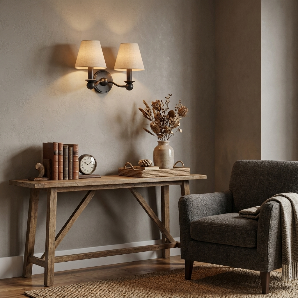 In matte black, this Clérachic wall sconce sits above a rustic console table beside a charcoal armchair.