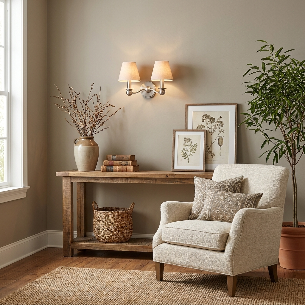 In brushed nickel, this Clérachic wall sconce lights a console styled with botanical prints and a potted plant.