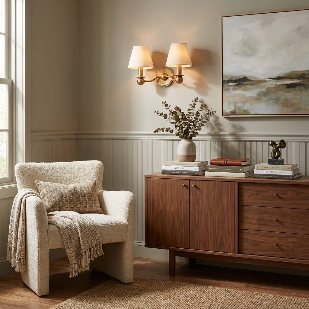 This Clérachic wall sconce in brushed brass glows warmly above a walnut console beneath a framed landscape.