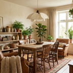 This Clérachic pendant's overlapping fabric petals glow above a farmhouse table lined with bookshelves and potted plants.