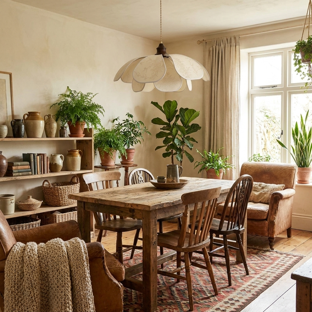 This Clérachic pendant's overlapping fabric petals glow above a farmhouse table lined with bookshelves and potted plants.