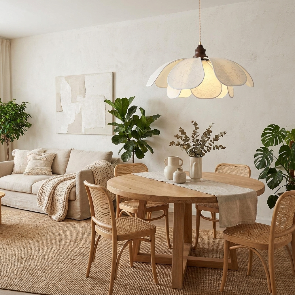 A rattan-and-linen living space gathers beneath this glowing Clérachic pendant above a round wood table.
