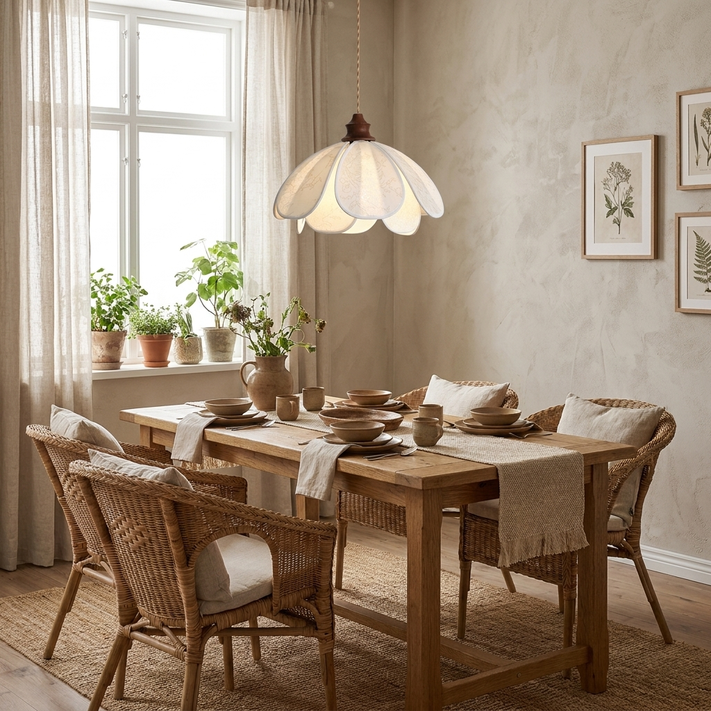 Curtained windows and potted herbs frame this lit Clérachic pendant above a table set for dinner.