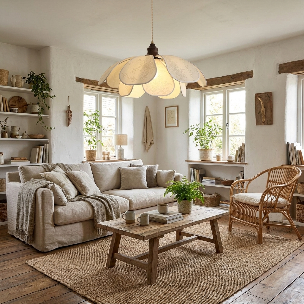 This Clérachic pendant lights a living room corner with a cane armchair and open bookshelves.