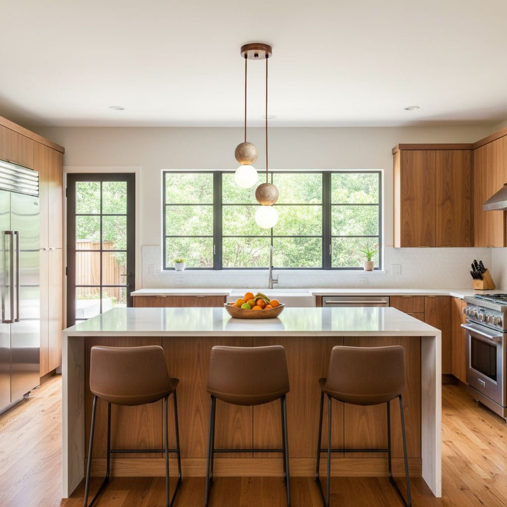 A single Clérachic pendant lights a farmhouse kitchen island holding a bowl of oranges.