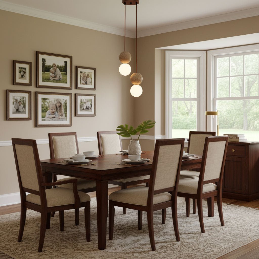A two-tier Clérachic pendant hangs in front of a bay window in a beige dining room hung with framed photos.