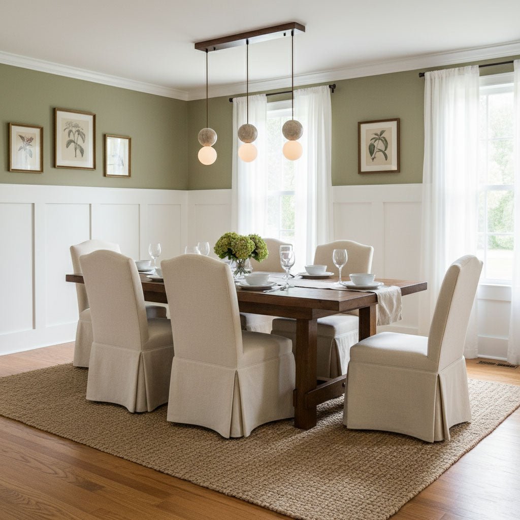 A linear Clérachic pendant spans a dining table set against sage-green walls with white wainscoting.
