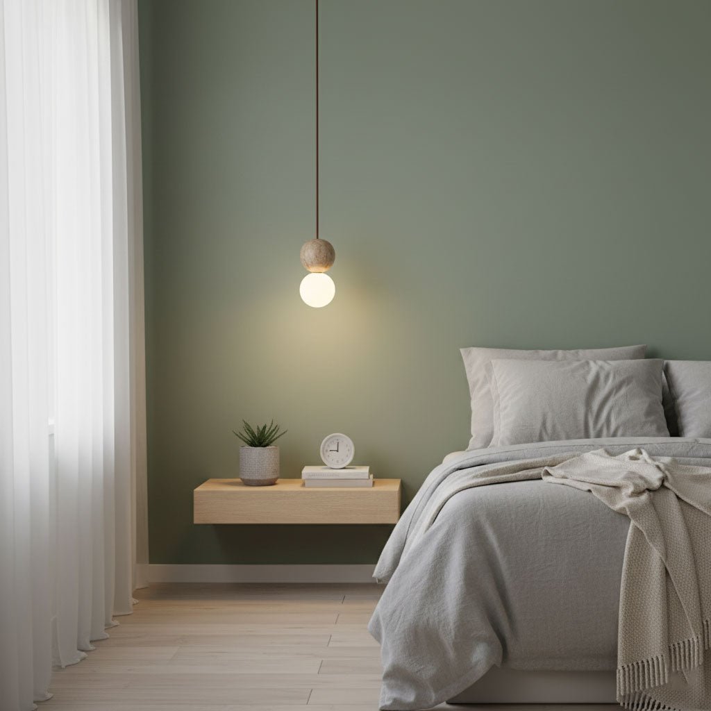 A single Clérachic pendant glows against a sage-green wall above a floating nightstand and a small plant.