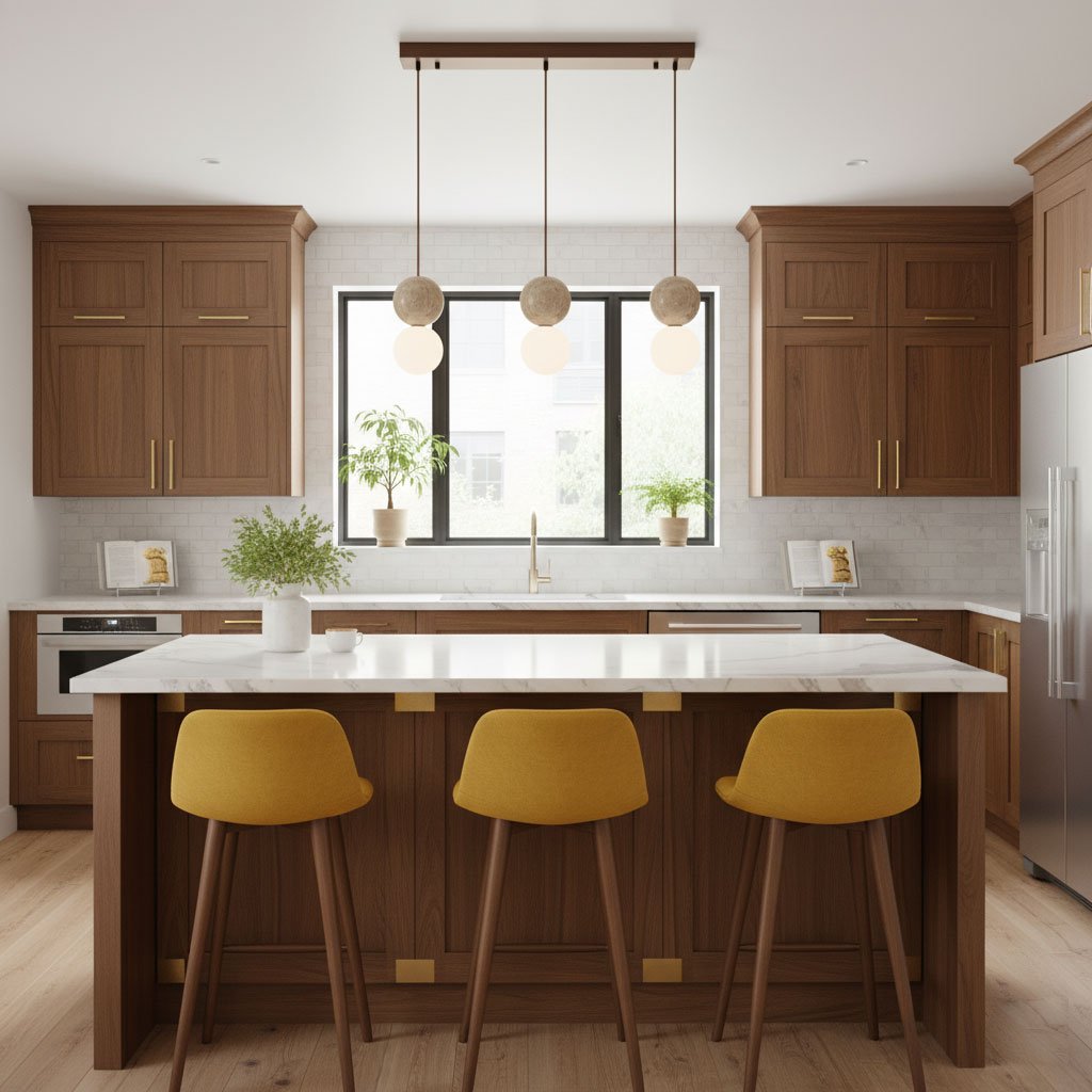 A linear Clérachic pendant with travertine spheres and glass globes spans a kitchen island with mustard-yellow stools.