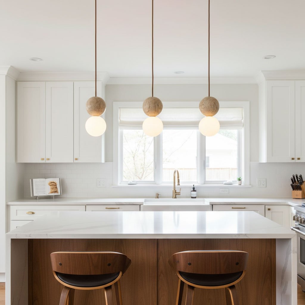 Three Clérachic pendants hang above a white kitchen island with wood-backed chairs.