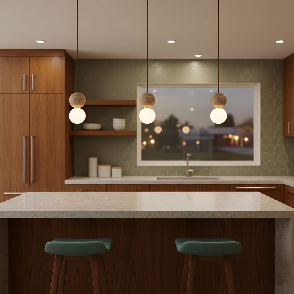 Clérachic pendants glow above a kitchen island with green hexagon tile and teal stools.