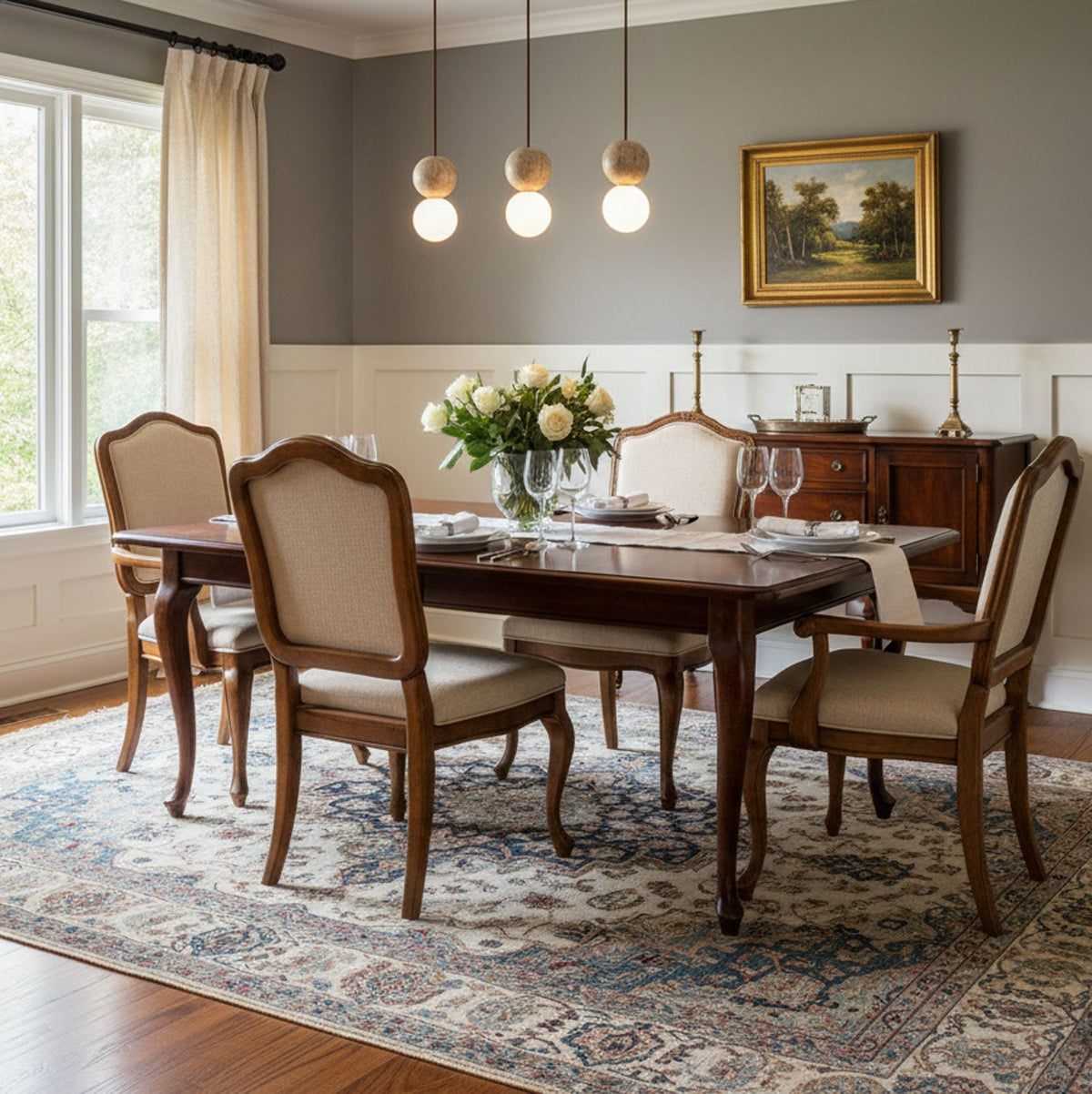 Clérachic pendants hang above a traditional dining table set beneath a gilt-framed landscape painting.