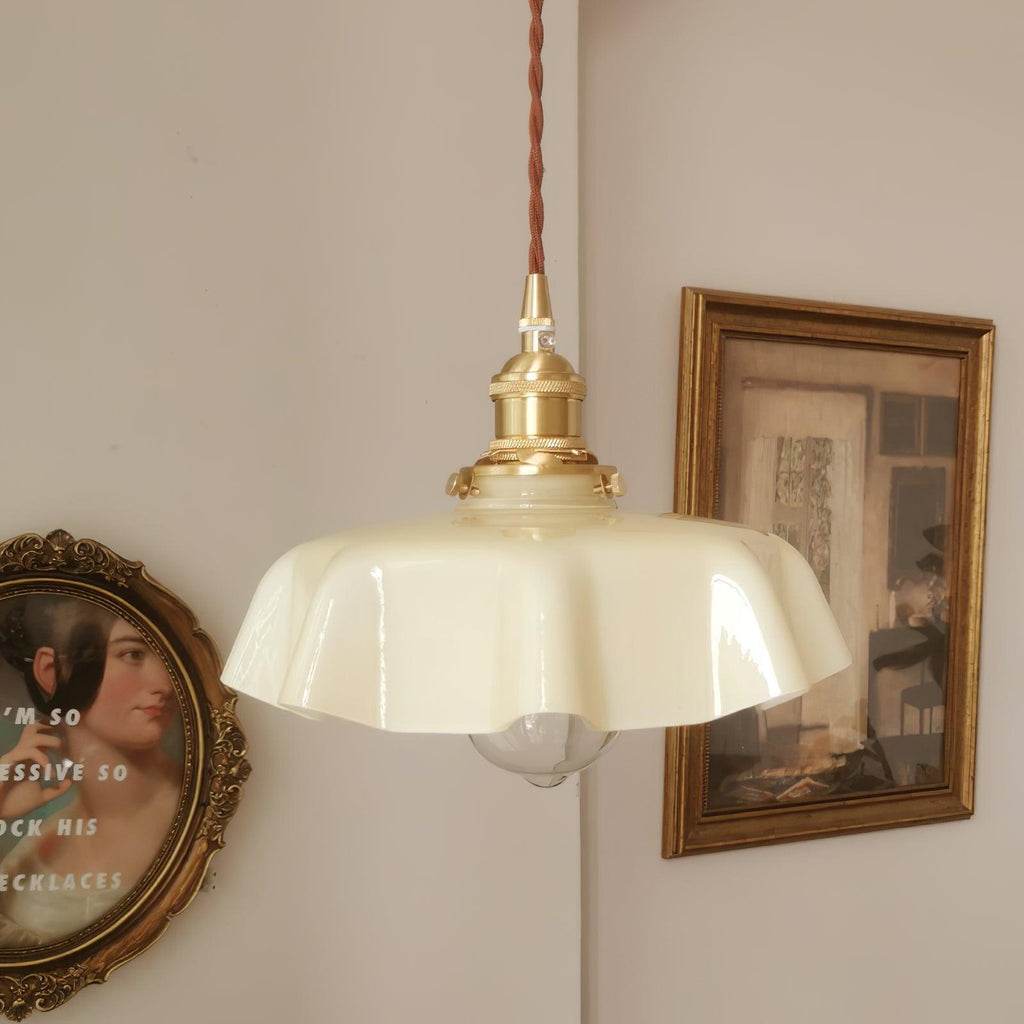 French Flower Pendant Light, Pleated Glass Shade, Brass, E27