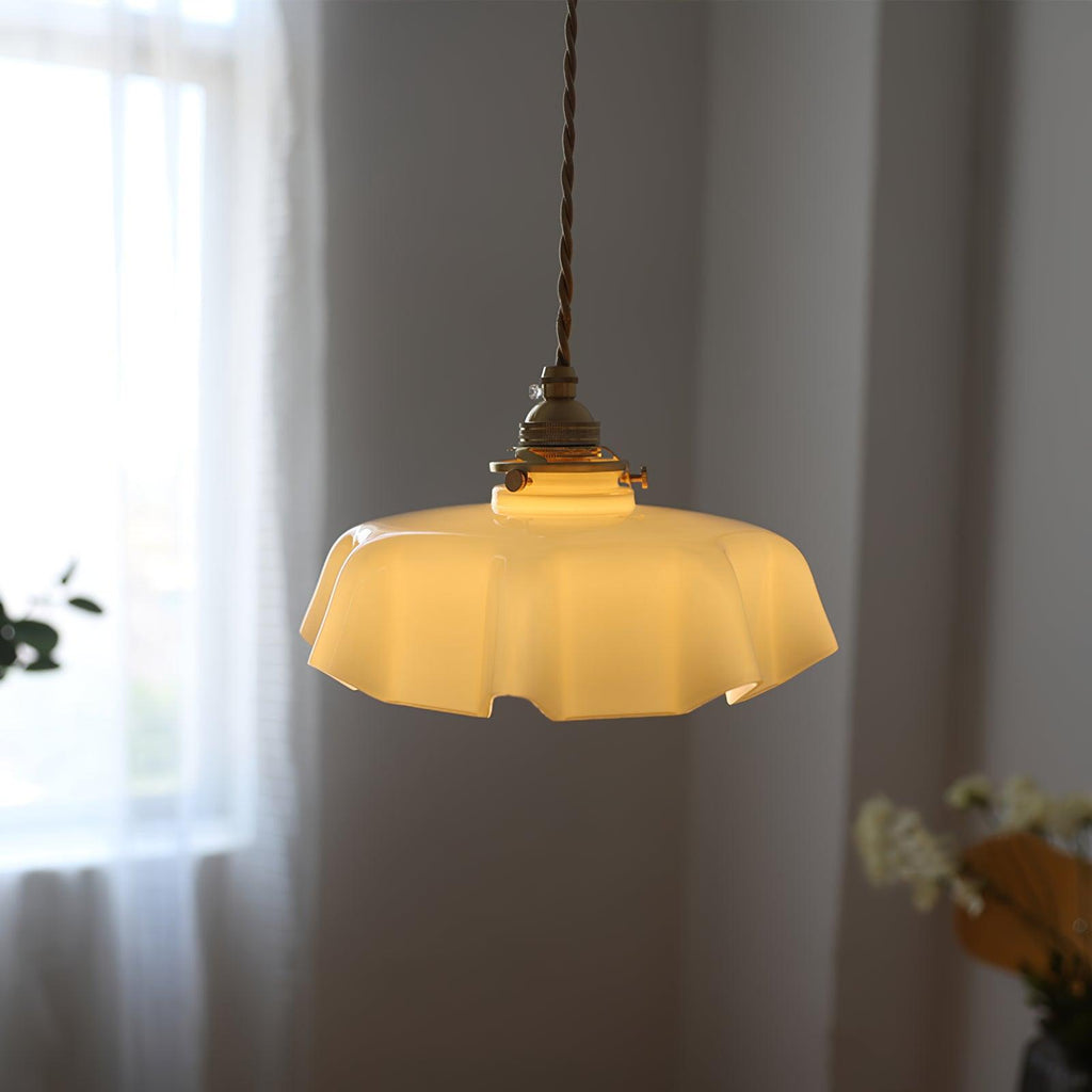 French Flower pendant light with pleated shade and brass top