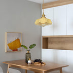 French Flower Pendant Light, Pleated Glass Shade, Brass, E27