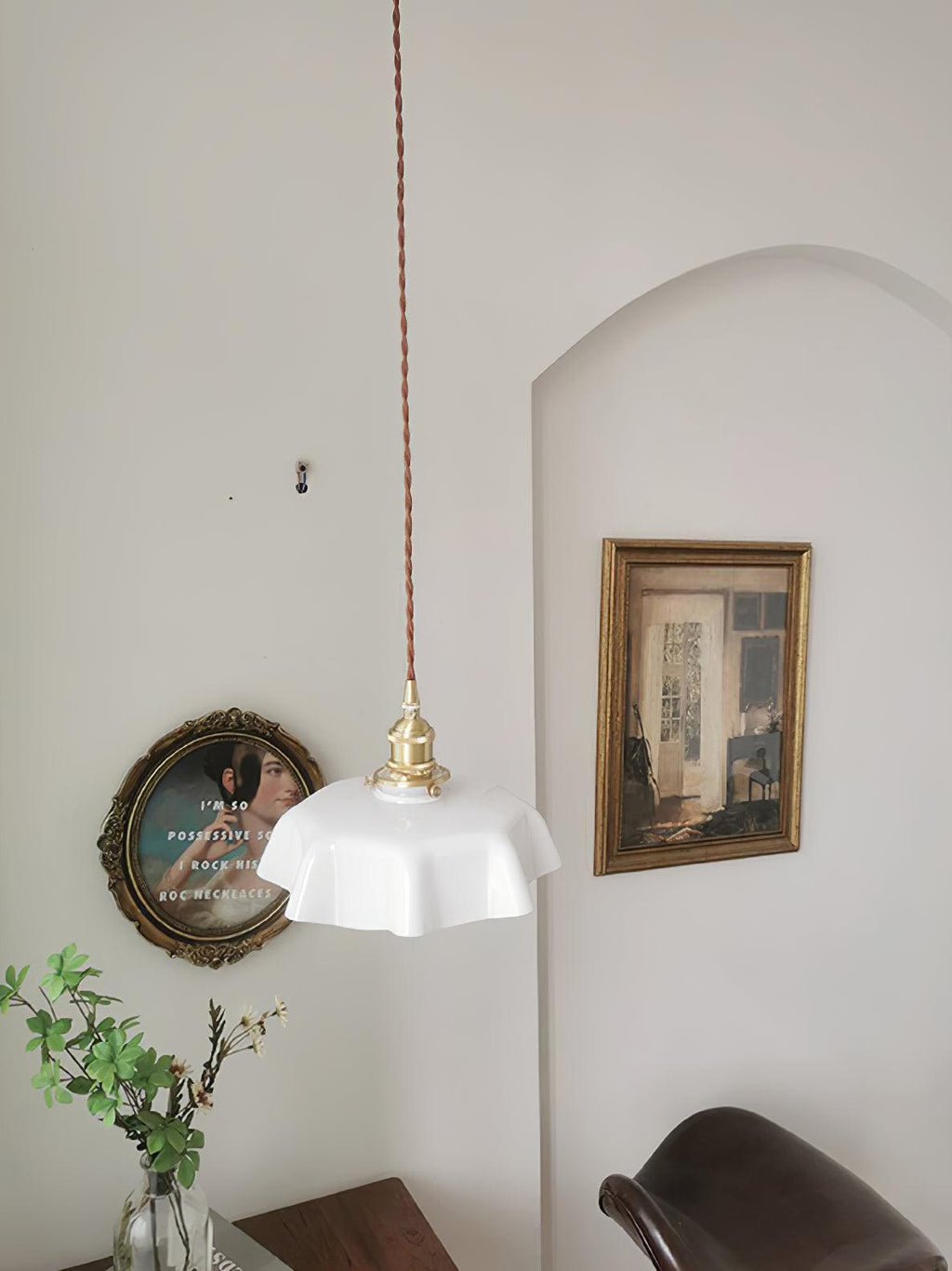 French Flower Pendant Light, Pleated Glass Shade, Brass, E27