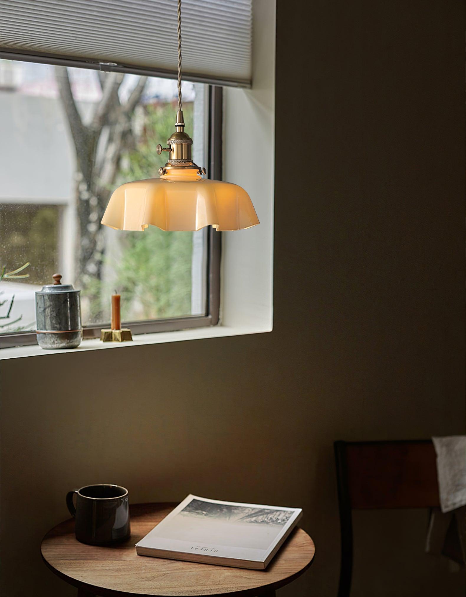 French Flower Pendant Light, Pleated Glass Shade, Brass, E27
