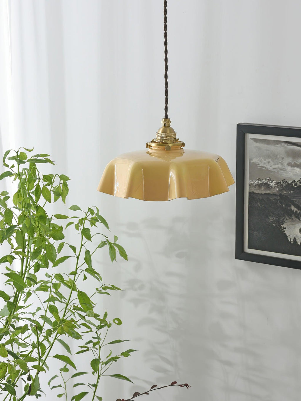 French Flower Pendant Light, Pleated Glass Shade, Brass, E27