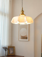 French Flower Pendant Light, Pleated Glass Shade, Brass, E27