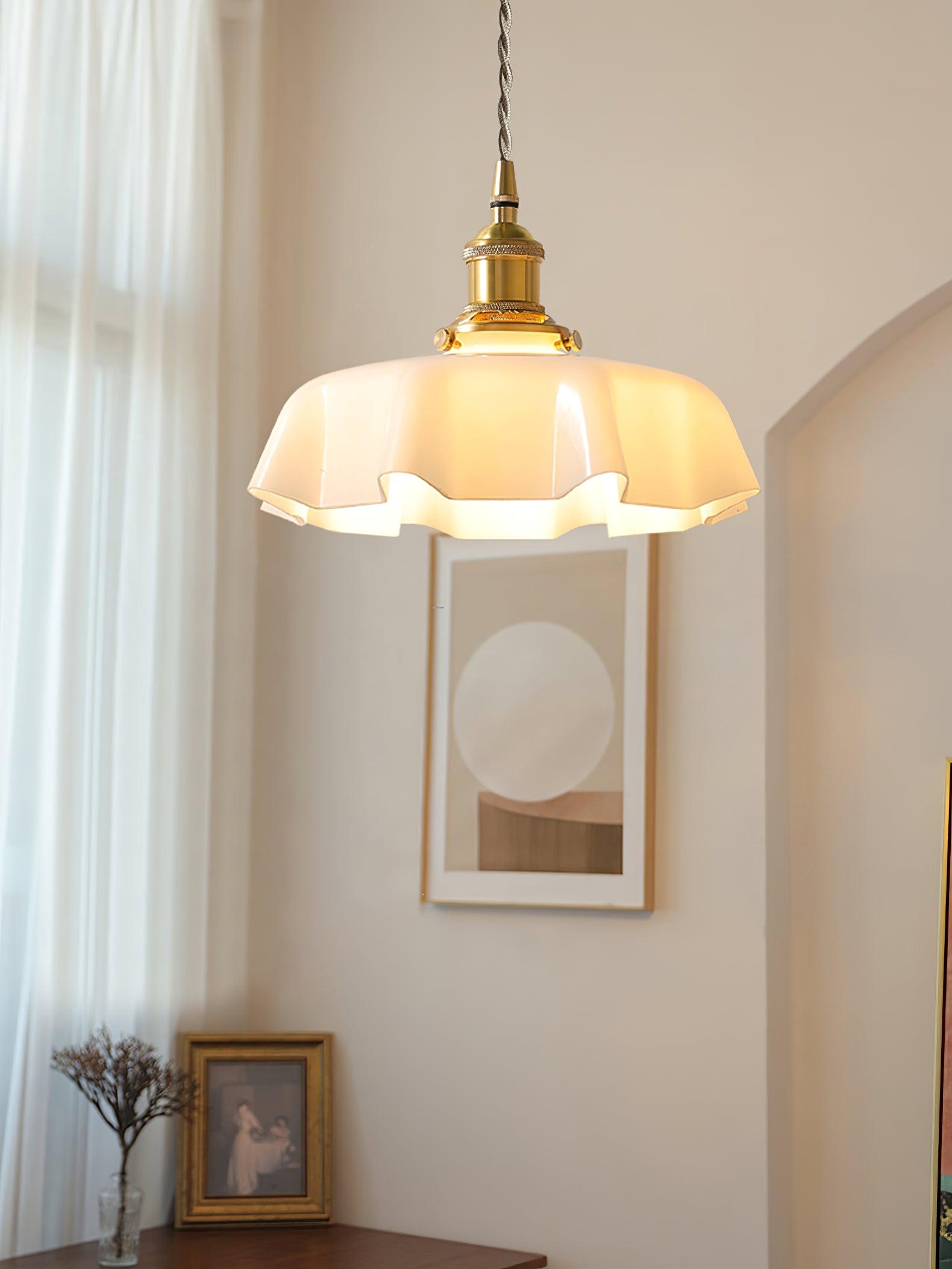 French Flower Pendant Light, Pleated Glass Shade, Brass, E27