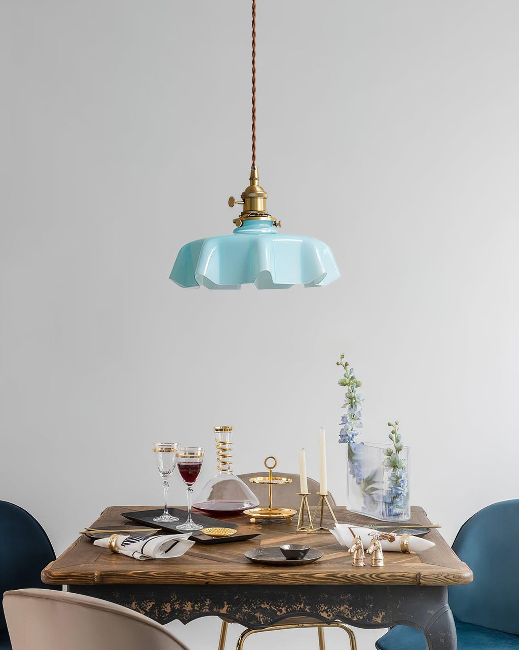 French Flower Pendant Light, Pleated Glass Shade, Brass, E27