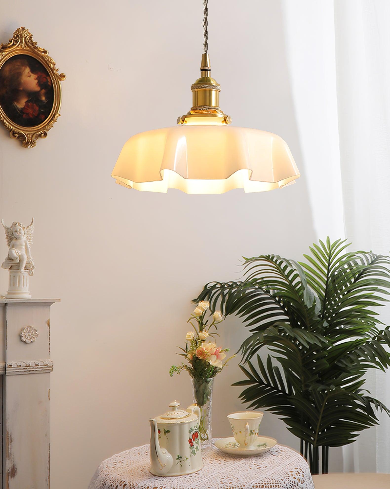 French Flower Pendant Light, Pleated Glass Shade, Brass, E27