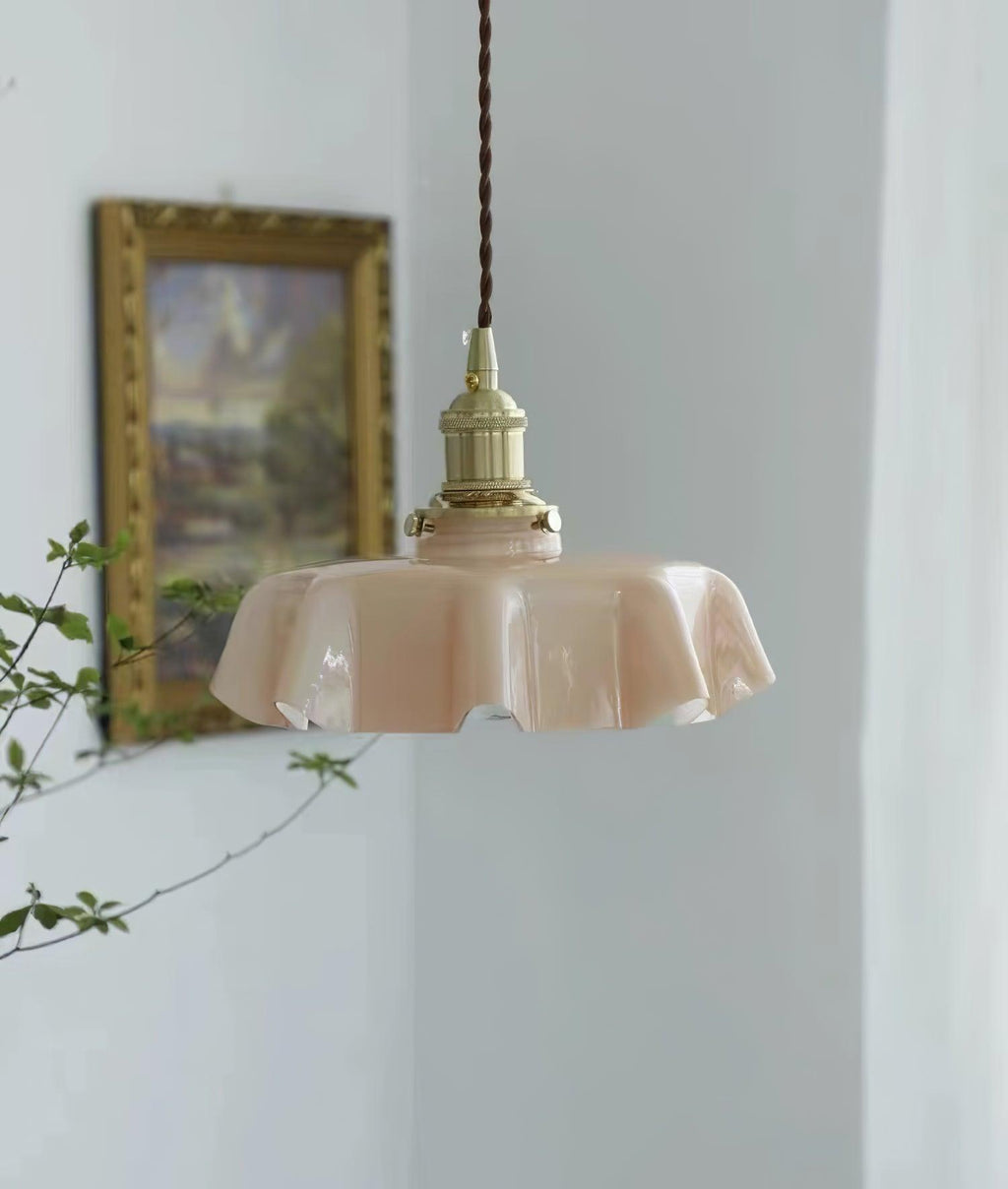 French Flower Pendant Light, Pleated Glass Shade, Brass, E27