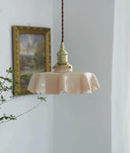 French Flower Pendant Light, Pleated Glass Shade, Brass, E27