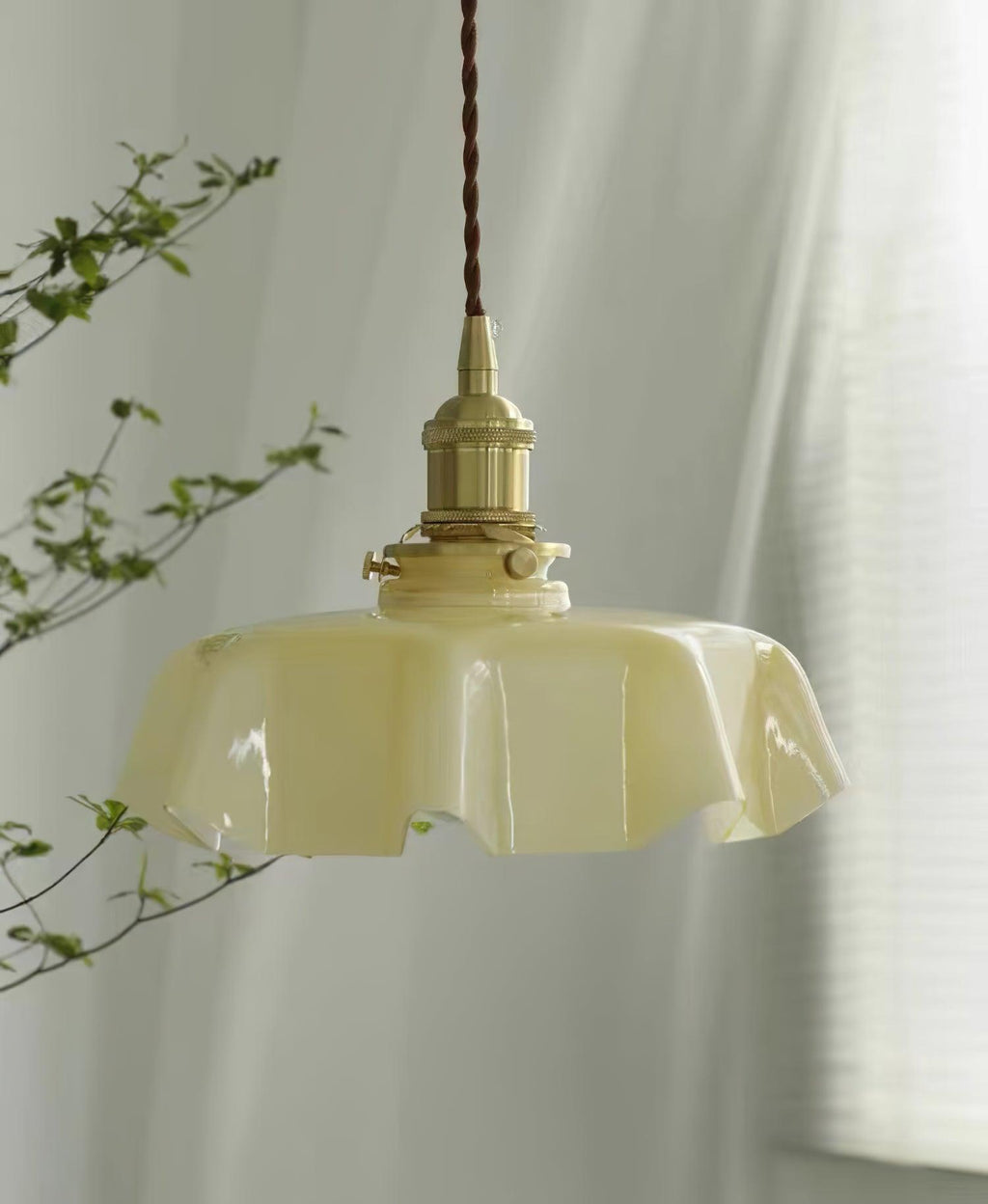 French Flower Pendant Light, Pleated Glass Shade, Brass, E27