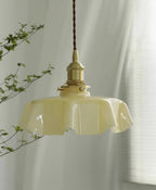 French Flower Pendant Light, Pleated Glass Shade, Brass, E27