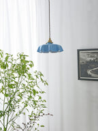 French Flower Pendant Light, Pleated Glass Shade, Brass, E27