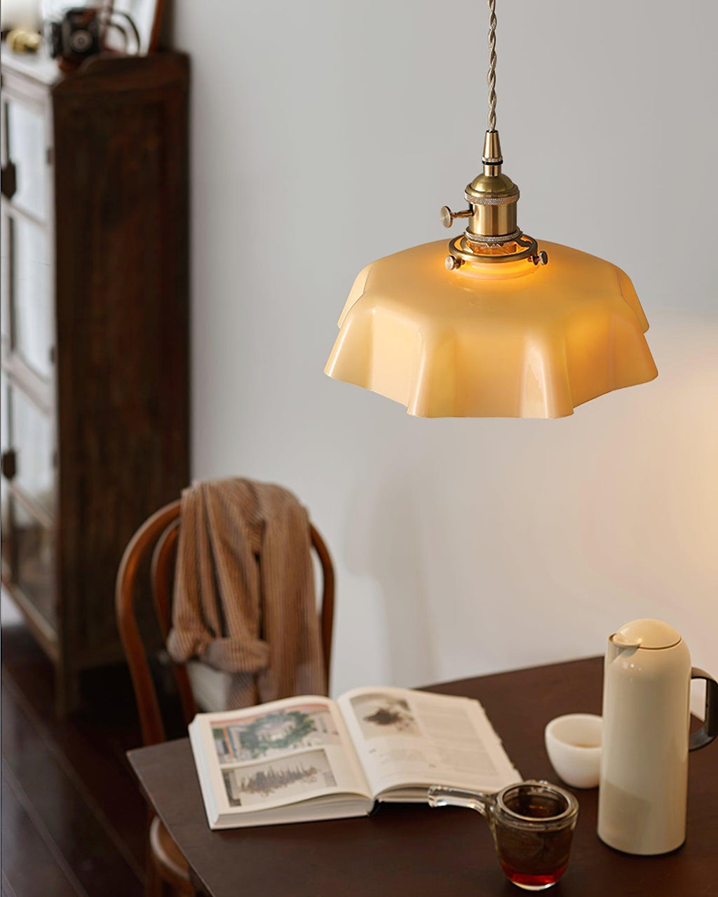 French Flower Pendant Light, Pleated Glass Shade, Brass, E27