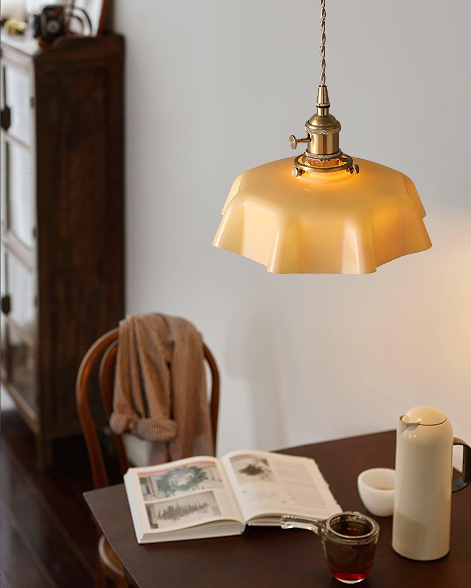 French Flower Pendant Light, Pleated Glass Shade, Brass, E27