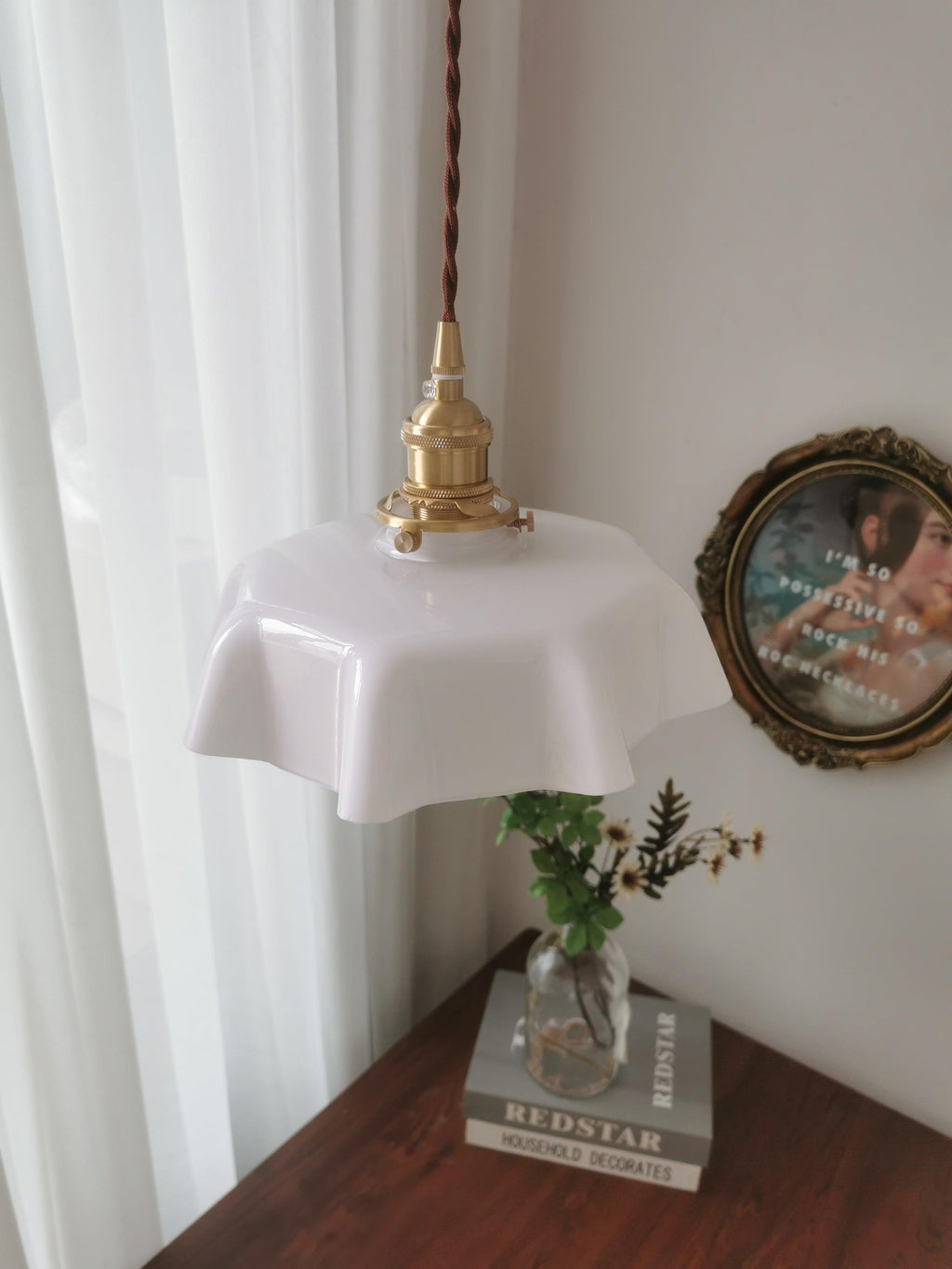 French Flower Pendant Light, Pleated Glass Shade, Brass, E27
