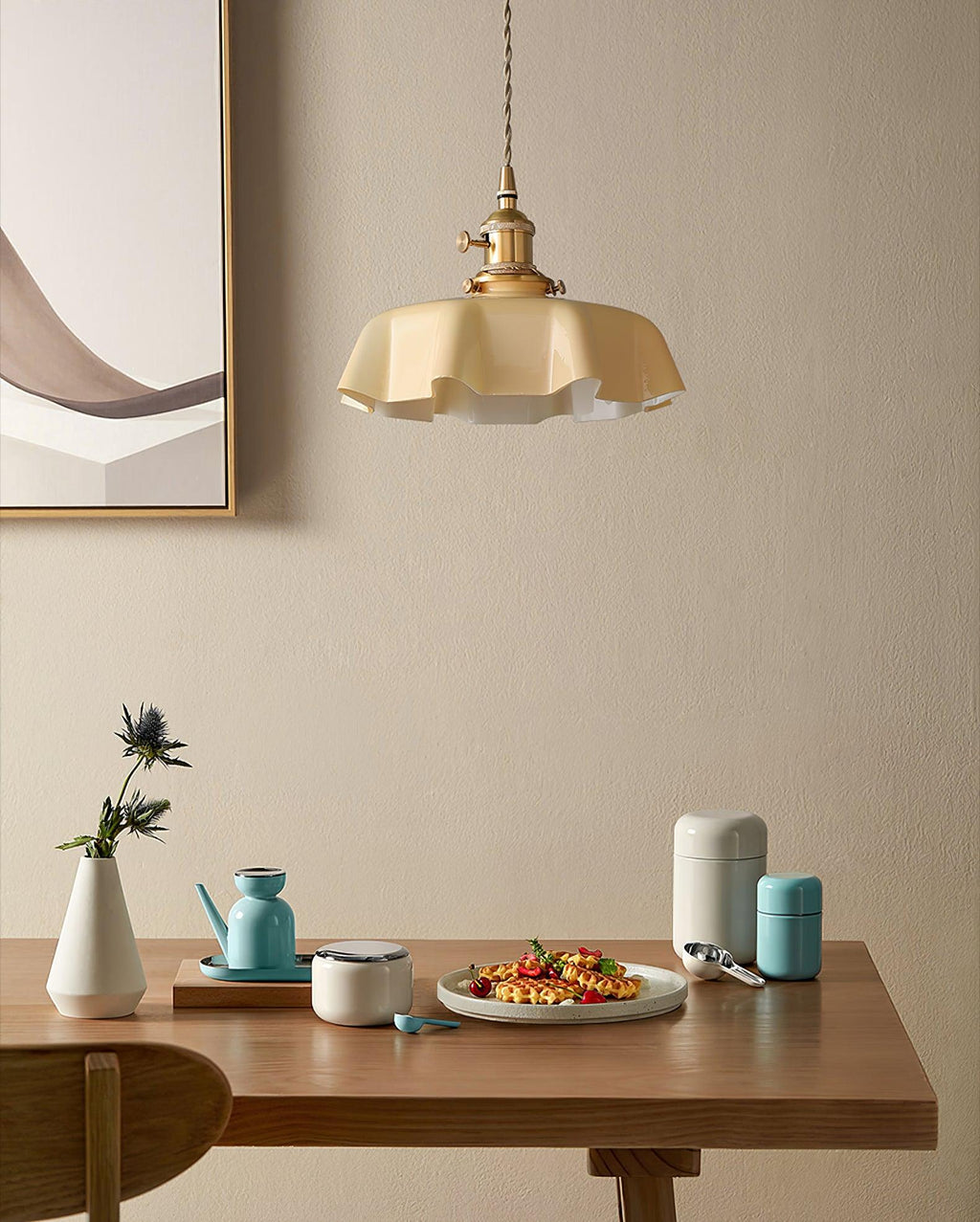 French Flower Pendant Light, Pleated Glass Shade, Brass, E27
