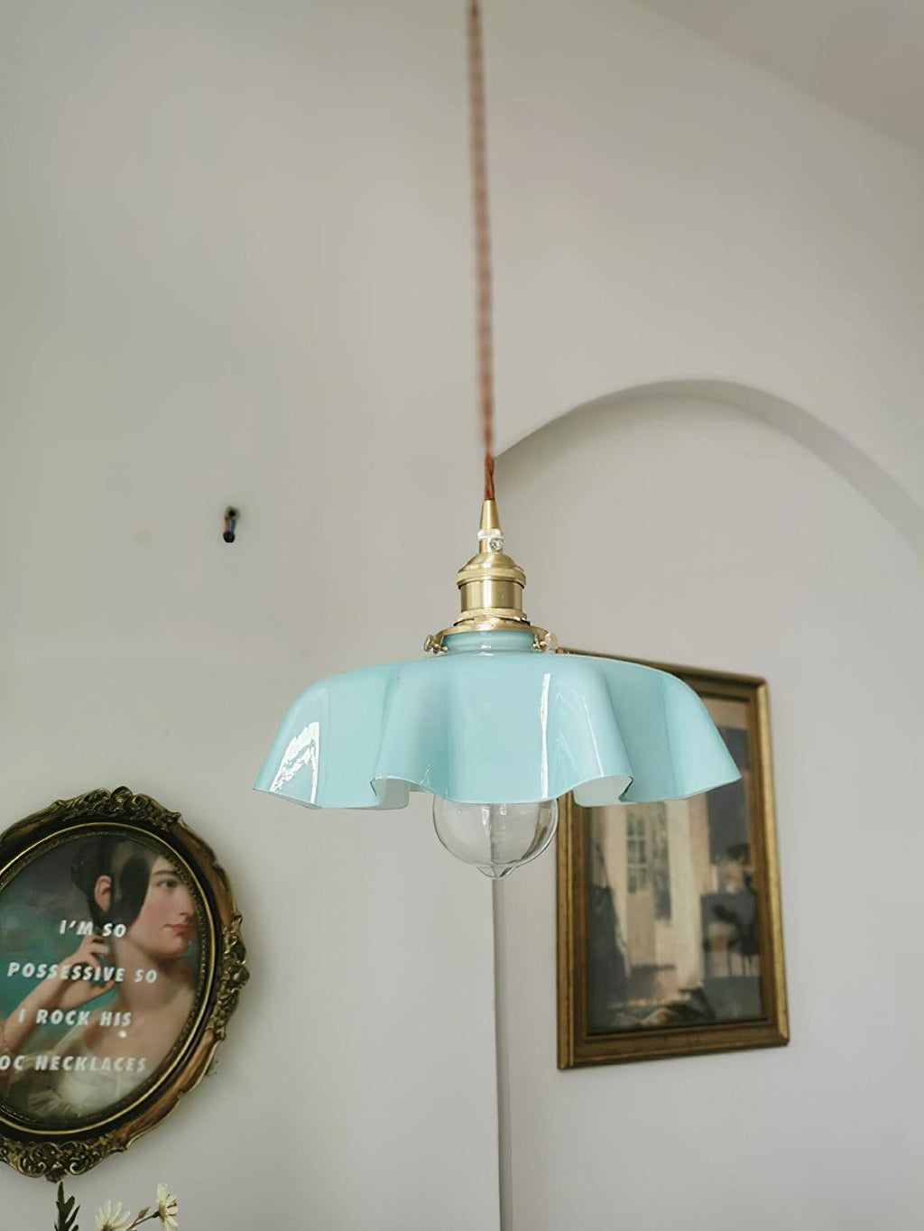 French Flower Pendant Light, Pleated Glass Shade, Brass, E27