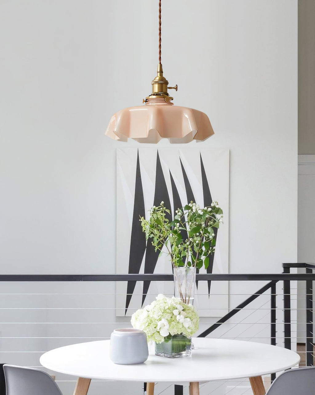French Flower Pendant Light, Pleated Glass Shade, Brass, E27