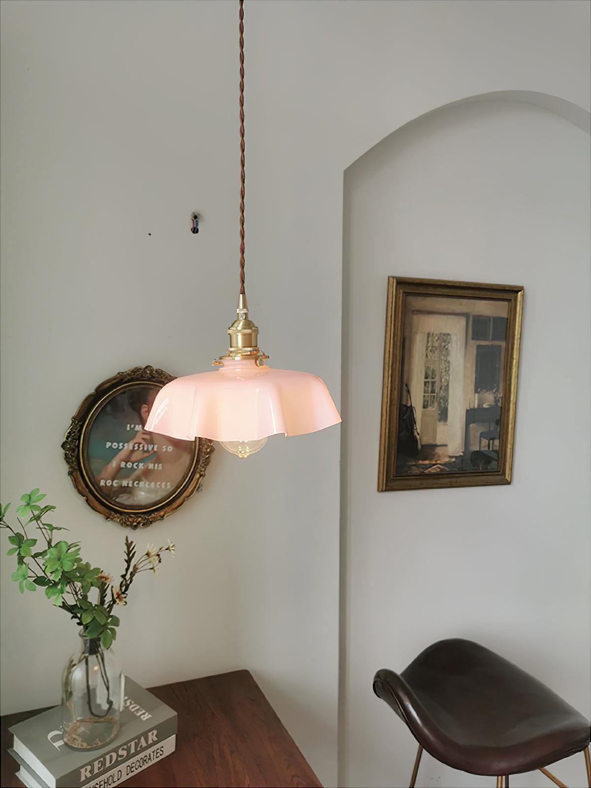 French Flower Pendant Light, Pleated Glass Shade, Brass, E27