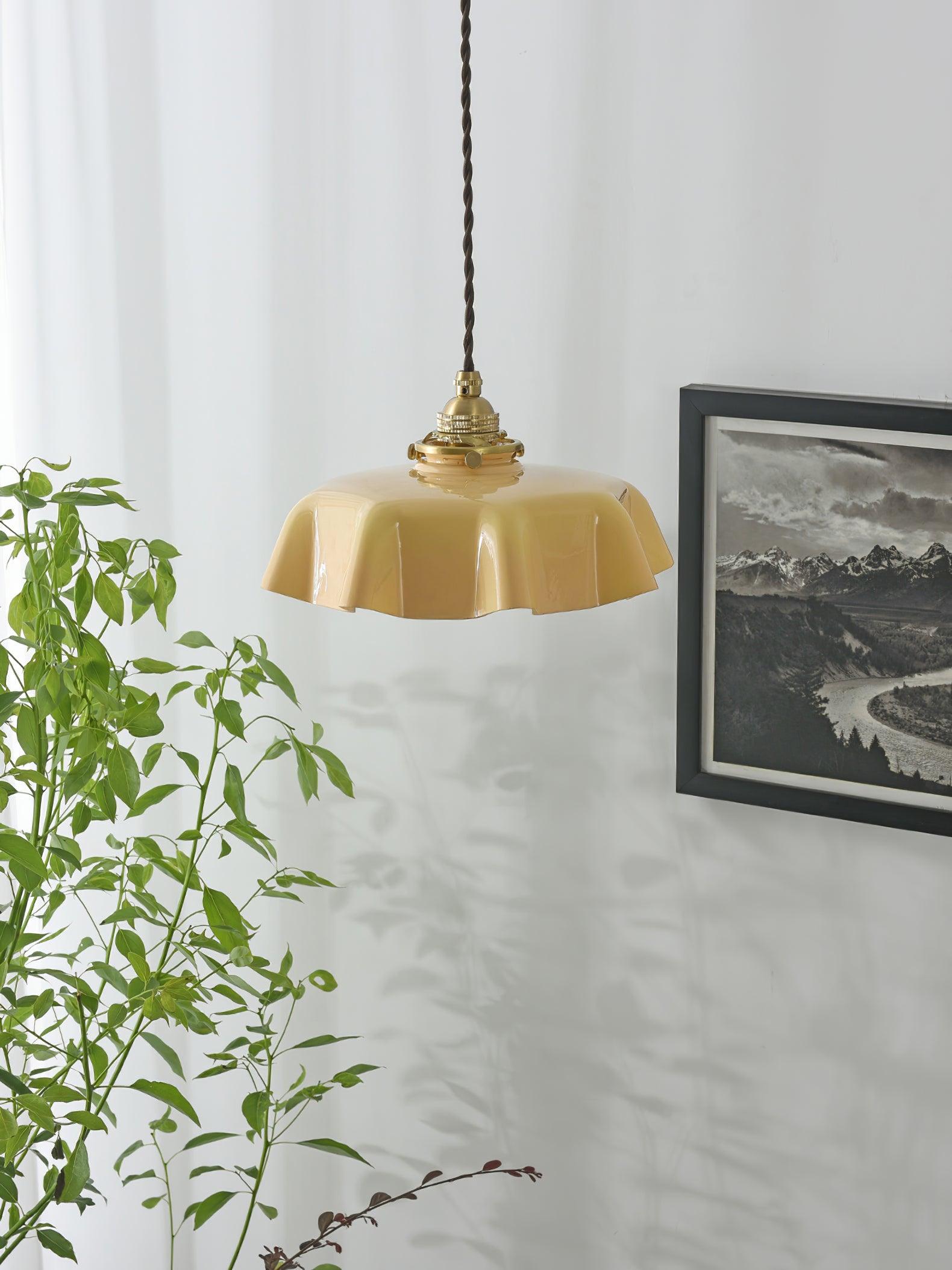 French Flower Pendant Light, Pleated Glass Shade, Brass, E27