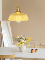 French Flower Pendant Light, Pleated Glass Shade, Brass, E27