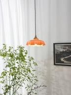 French Flower Pendant Light, Pleated Glass Shade, Brass, E27