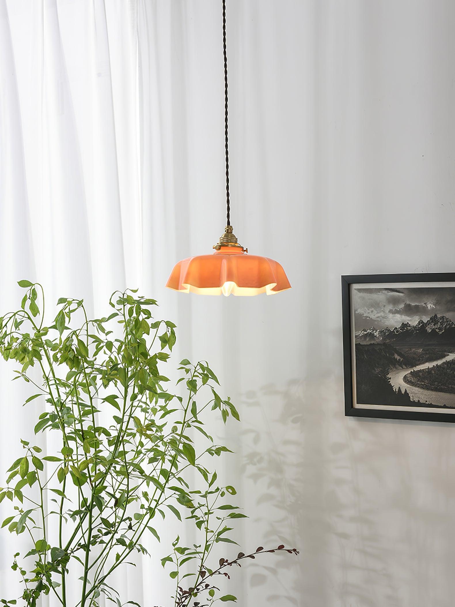 French Flower Pendant Light, Pleated Glass Shade, Brass, E27