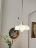 French Flower Pendant Light, Pleated Glass Shade, Brass, E27