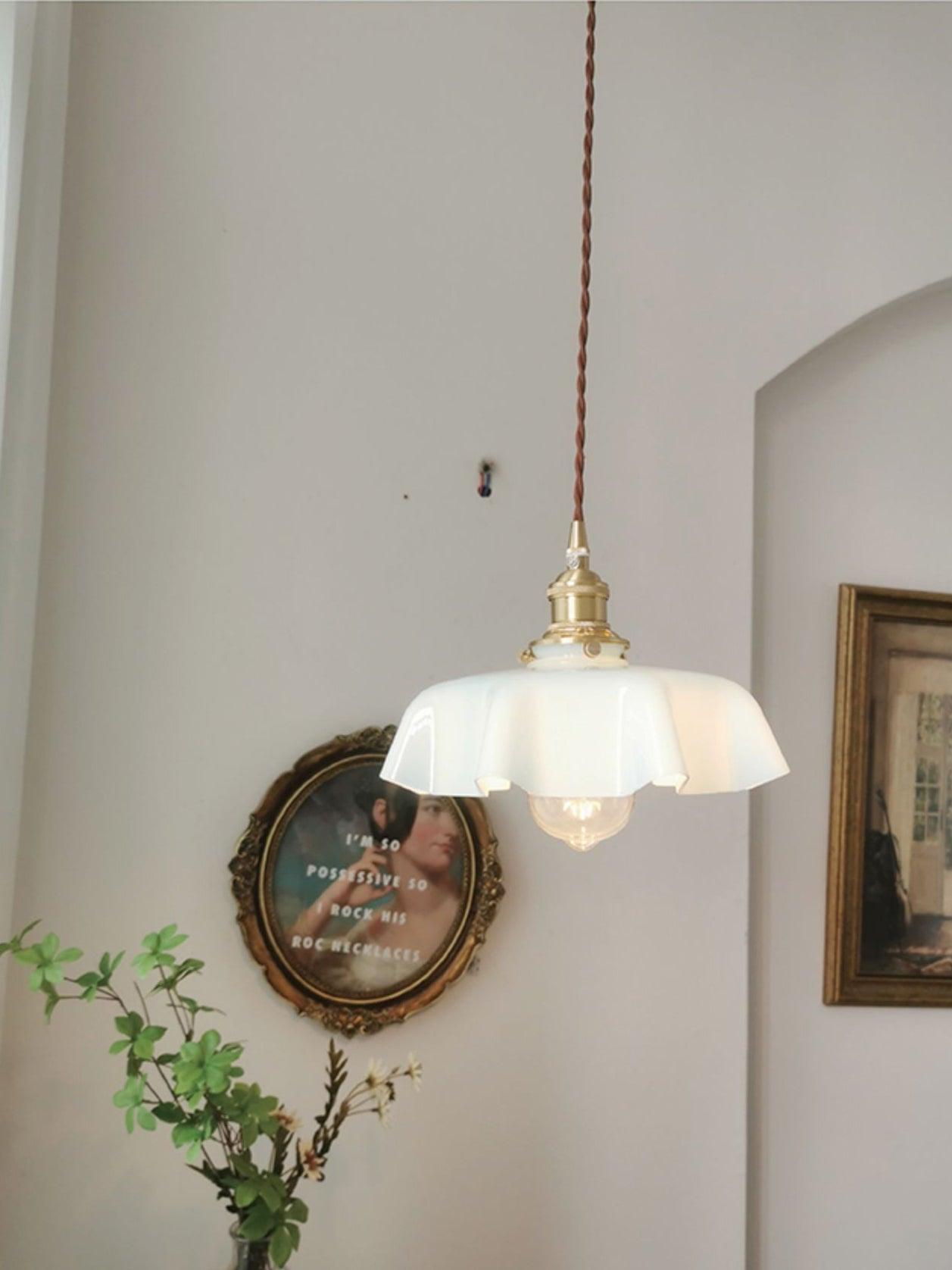 French Flower Pendant Light, Pleated Glass Shade, Brass, E27
