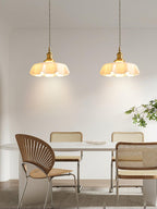 French Flower Pendant Light, Pleated Glass Shade, Brass, E27