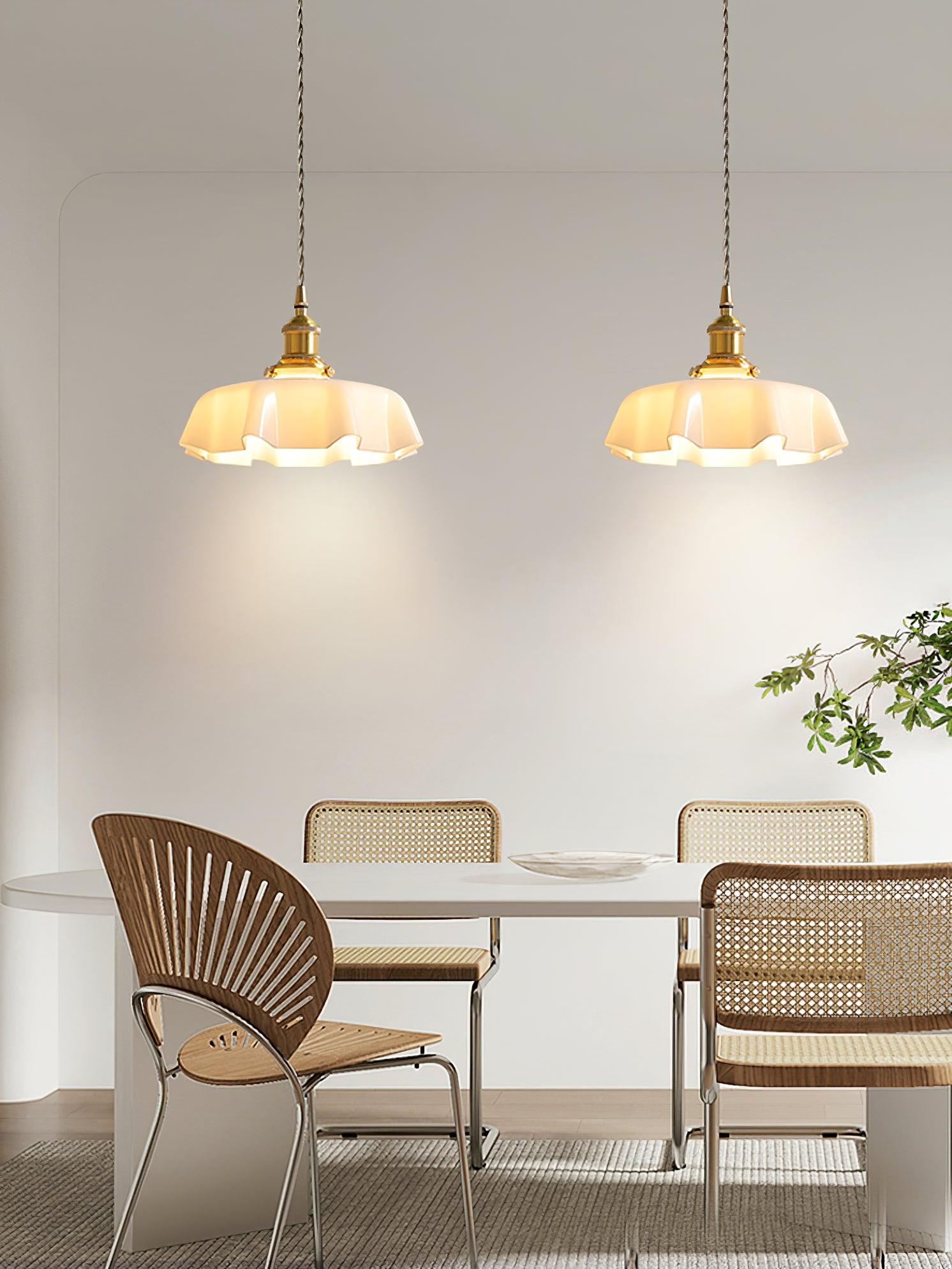 French Flower Pendant Light, Pleated Glass Shade, Brass, E27