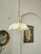 French Flower Pendant Light, Pleated Glass Shade, Brass, E27