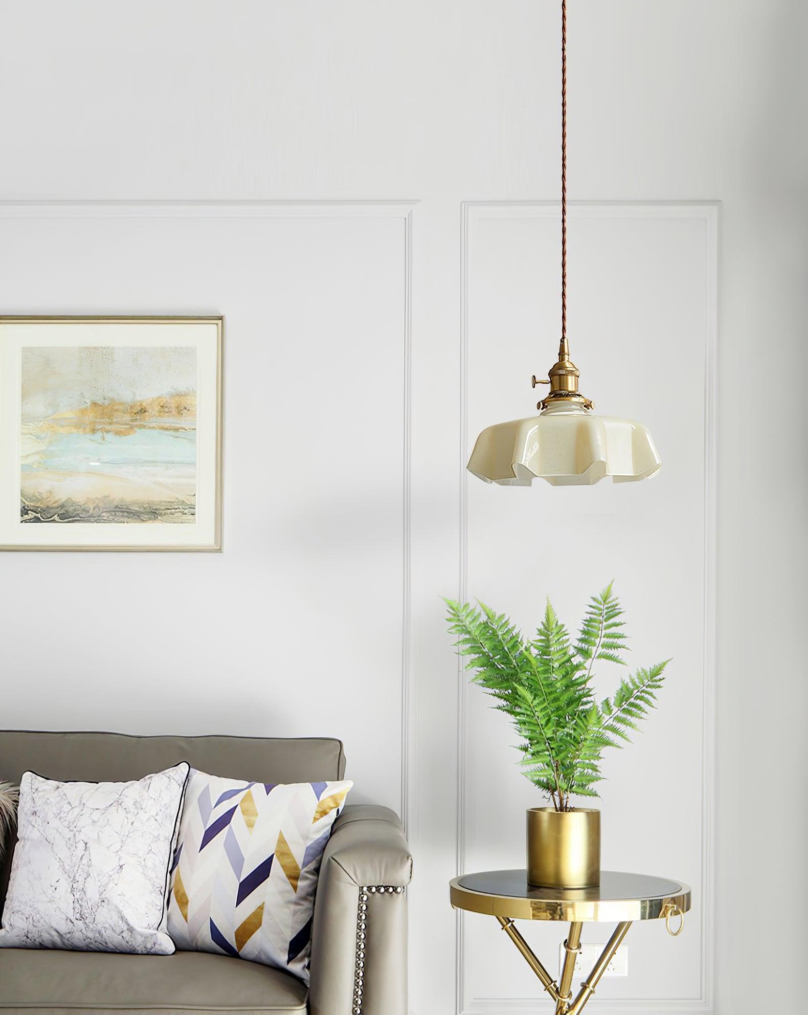 French Flower Pendant Light, Pleated Glass Shade, Brass, E27